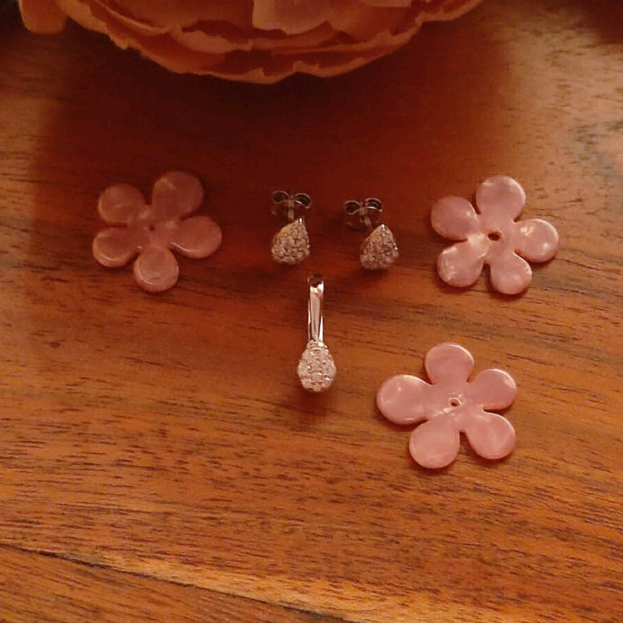 Sterling Silver Pink Flower Pendant Set 